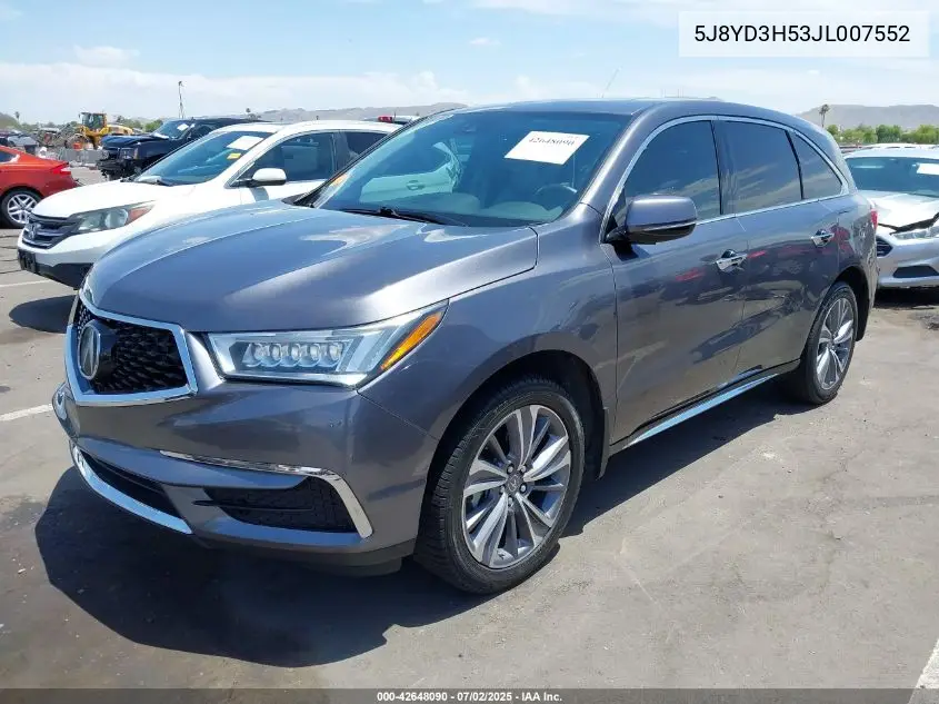 2018 Acura Mdx Technology Package Acurawatch Plus Pkg VIN: 5J8YD3H53JL007552 Lot: 42648090
