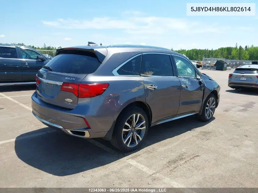 2019 Acura Mdx Advance VIN: 5J8YD4H86KL802614 Lot: 12343063