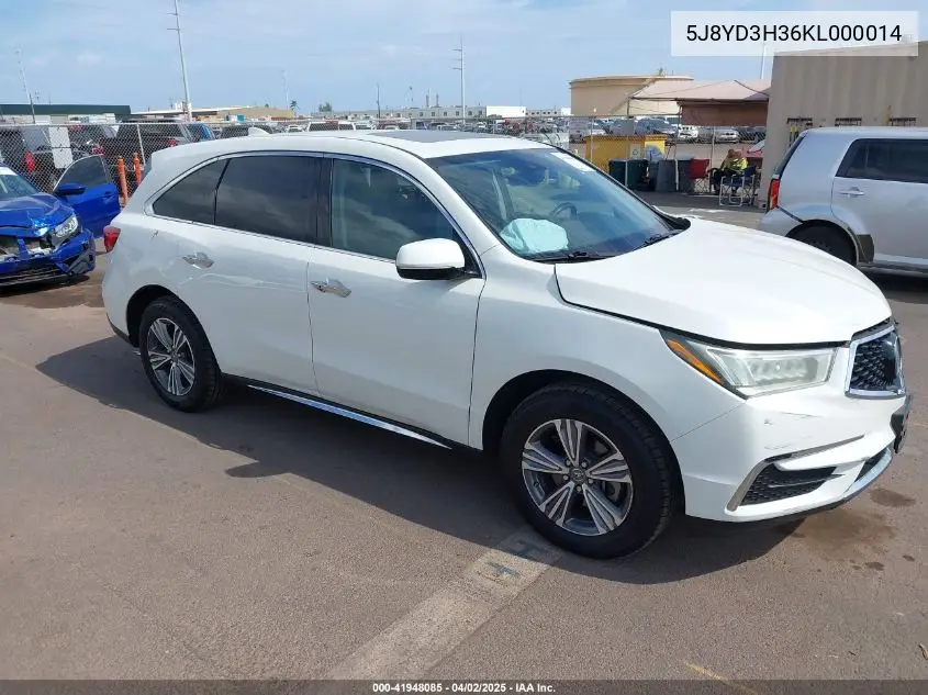 2019 Acura Mdx Standard VIN: 5J8YD3H36KL000014 Lot: 41948085