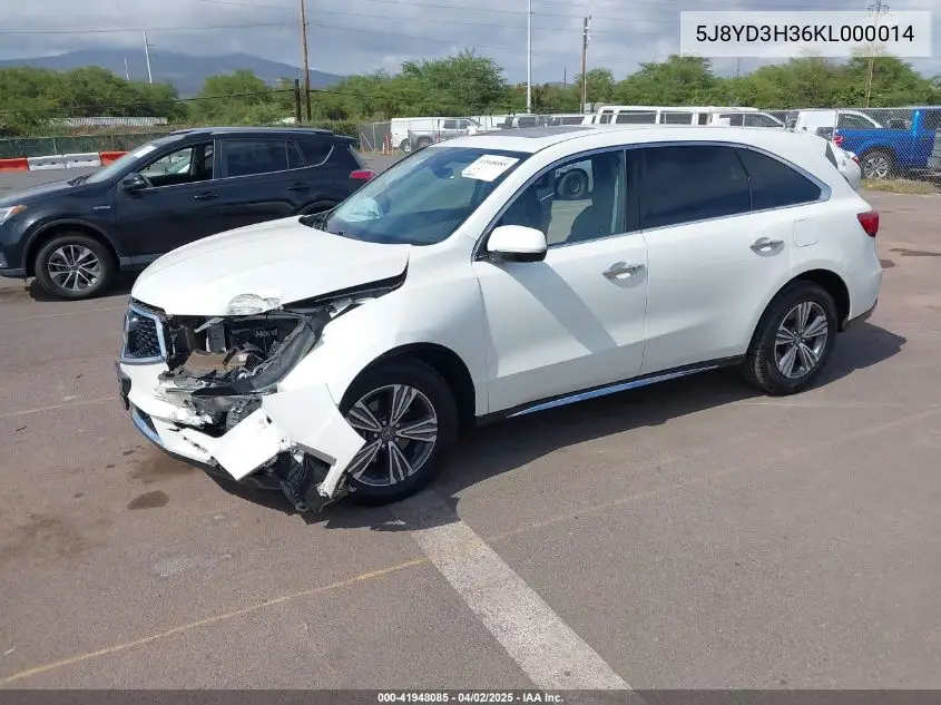 2019 Acura Mdx Standard VIN: 5J8YD3H36KL000014 Lot: 41948085