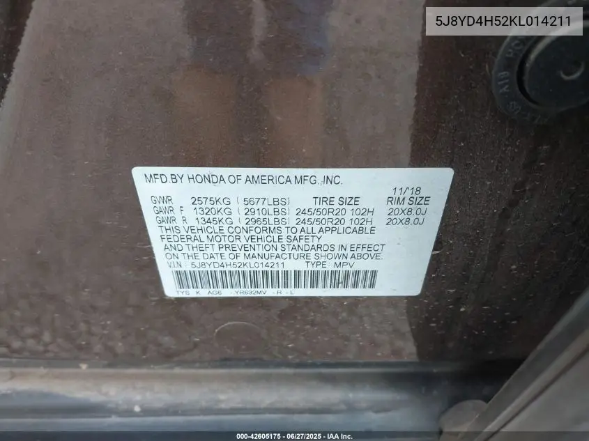 2019 Acura Mdx Tech Pkg VIN: 5J8YD4H52KL014211 Lot: 42605175