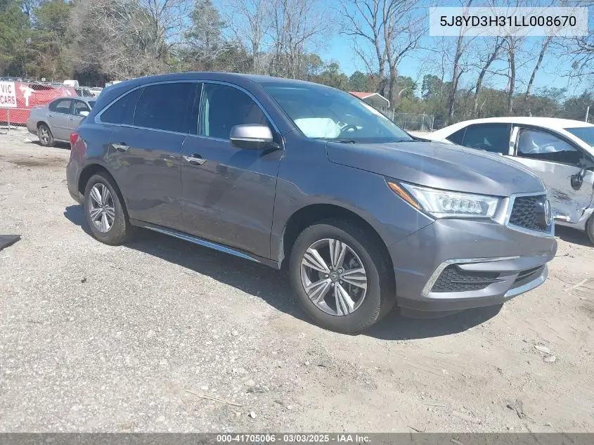 2020 Acura Mdx Standard VIN: 5J8YD3H31LL008670 Lot: 41705006
