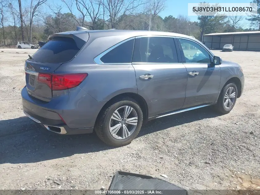 2020 Acura Mdx Standard VIN: 5J8YD3H31LL008670 Lot: 41705006