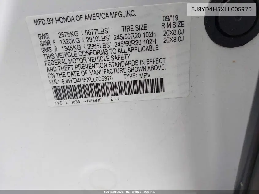 2020 Acura Mdx Technology Package VIN: 5J8YD4H5XLL005970 Lot: 42200976