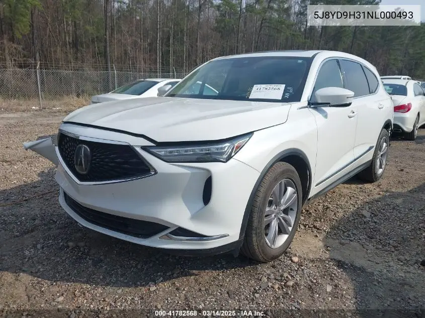 2022 Acura Mdx Standard VIN: 5J8YD9H31NL000493 Lot: 41782568