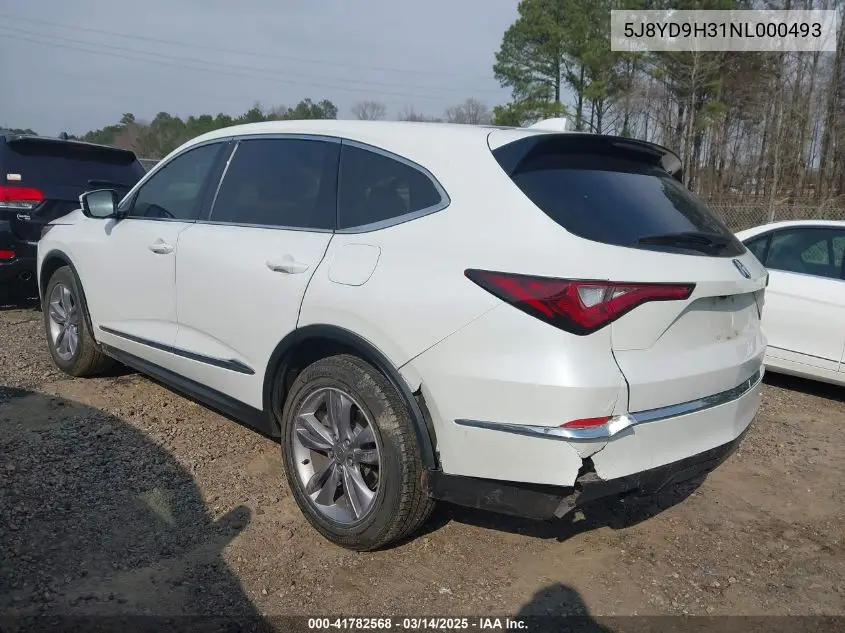 2022 Acura Mdx Standard VIN: 5J8YD9H31NL000493 Lot: 41782568