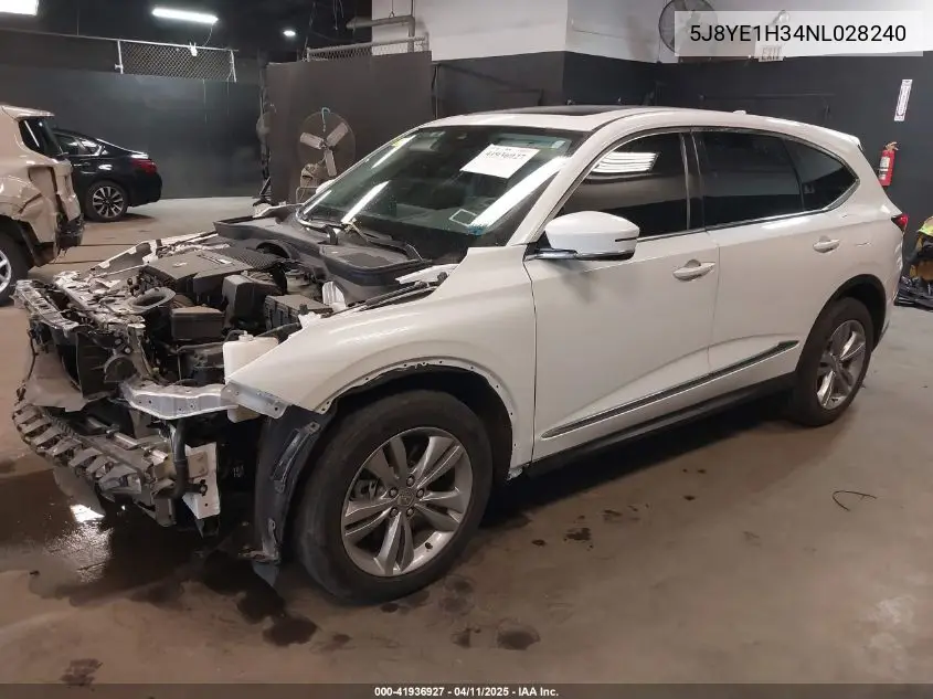 2022 Acura Mdx Standard VIN: 5J8YE1H34NL028240 Lot: 41936927