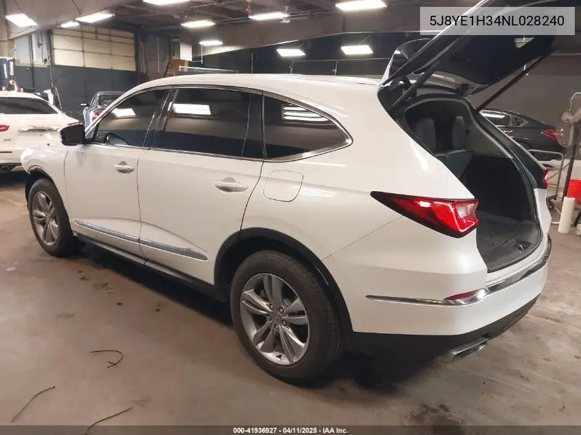 2022 Acura Mdx Standard VIN: 5J8YE1H34NL028240 Lot: 41936927