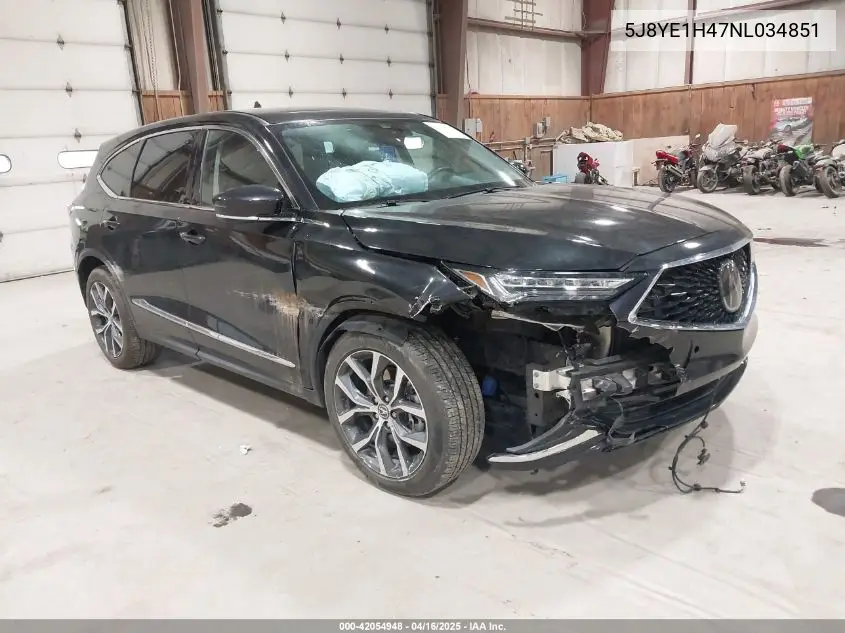 2022 Acura Mdx Technology Package VIN: 5J8YE1H47NL034851 Lot: 42054948