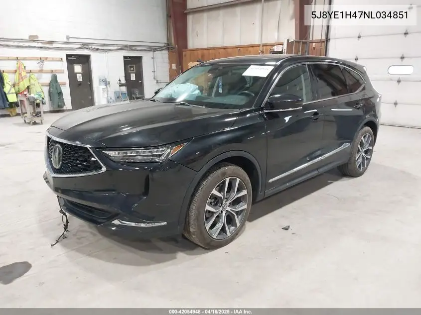 2022 Acura Mdx Technology Package VIN: 5J8YE1H47NL034851 Lot: 42054948