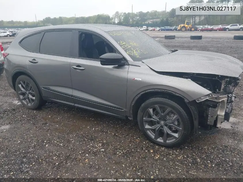2022 Acura Mdx A-Spec Package VIN: 5J8YE1H03NL027117 Lot: 42109314