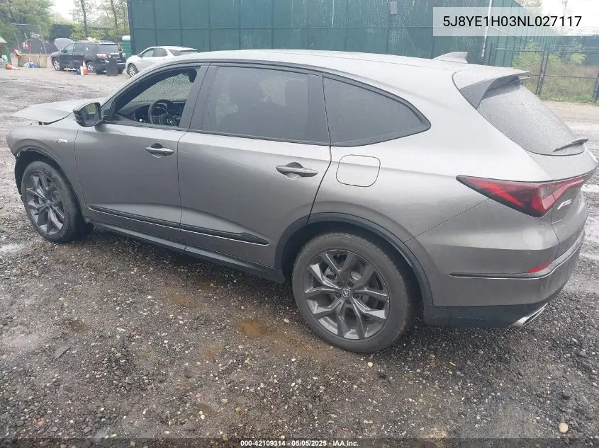 2022 Acura Mdx A-Spec Package VIN: 5J8YE1H03NL027117 Lot: 42109314