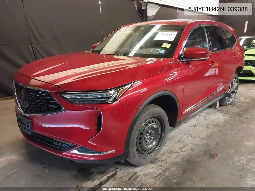 2022 Acura Mdx Technology Package VIN: 5J8YE1H42NL039388 Lot: 42138982