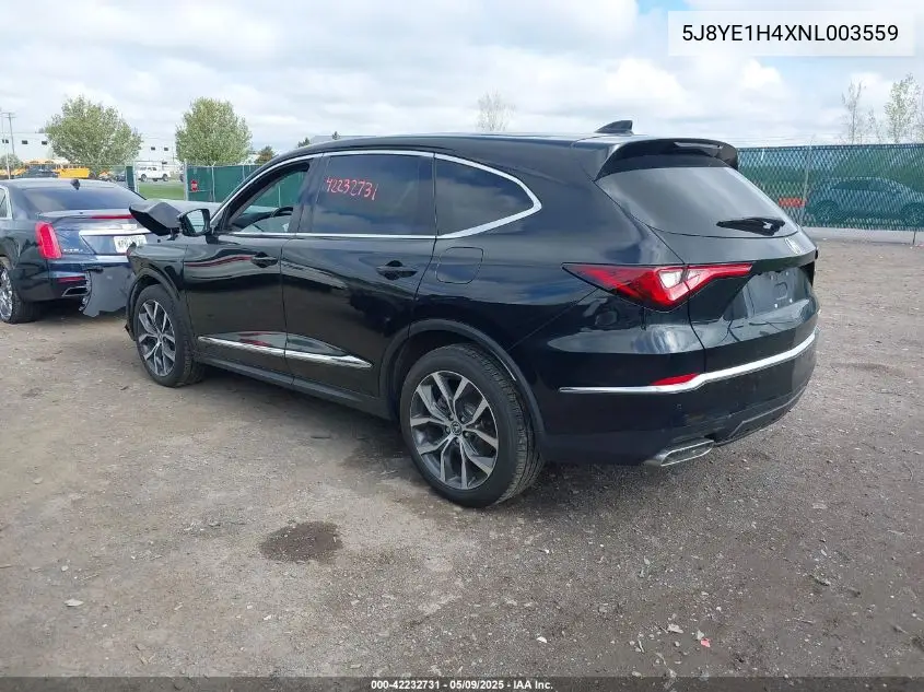 2022 Acura Mdx Technology Package VIN: 5J8YE1H4XNL003559 Lot: 42232731