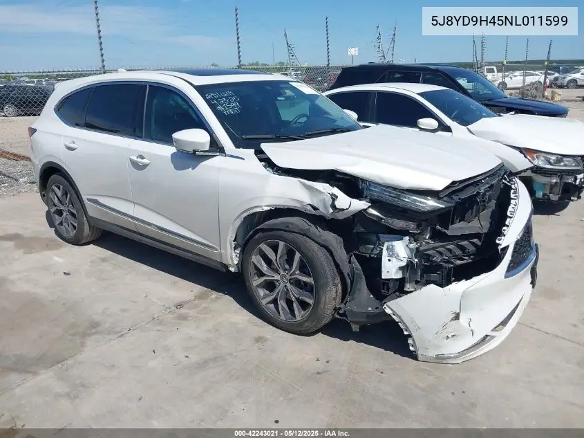 2022 Acura Mdx Technology Package VIN: 5J8YD9H45NL011599 Lot: 42243021