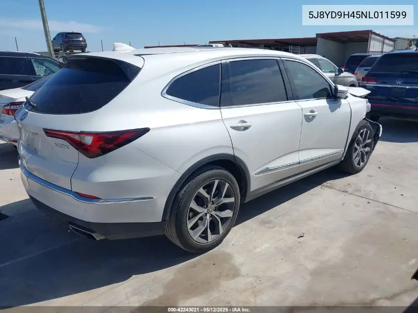 2022 Acura Mdx Technology Package VIN: 5J8YD9H45NL011599 Lot: 42243021