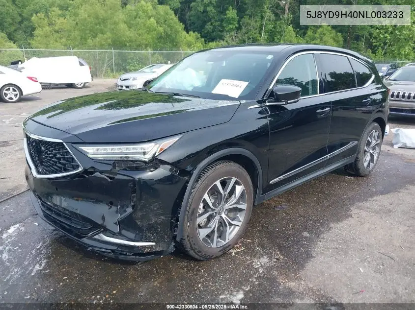 2022 Acura Mdx Technology Package VIN: 5J8YD9H40NL003233 Lot: 42330804