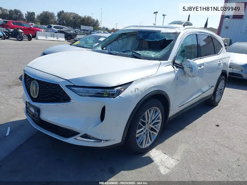 2022 Acura Mdx Advance Package VIN: 5J8YE1H81NL039949 Lot: 42349450