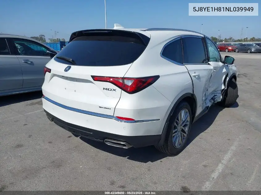 2022 Acura Mdx Advance Package VIN: 5J8YE1H81NL039949 Lot: 42349450