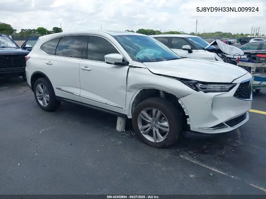 2022 Acura Mdx Standard VIN: 5J8YD9H33NL009924 Lot: 42352694