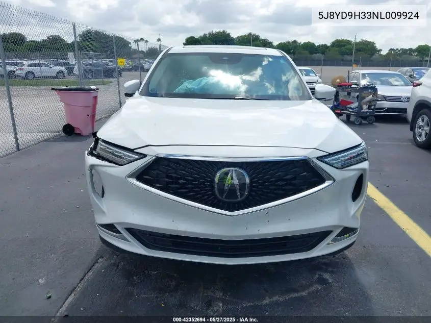 2022 Acura Mdx Standard VIN: 5J8YD9H33NL009924 Lot: 42352694