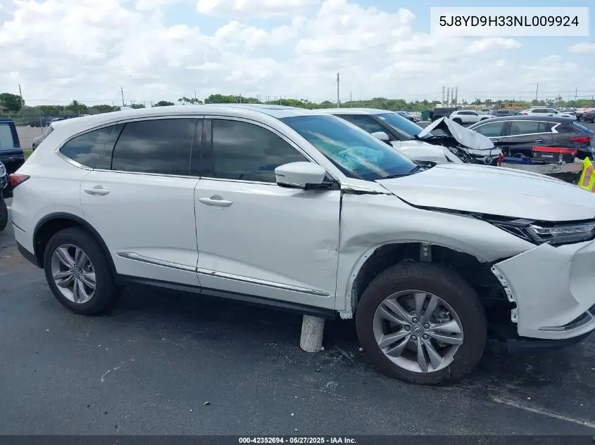 2022 Acura Mdx Standard VIN: 5J8YD9H33NL009924 Lot: 42352694