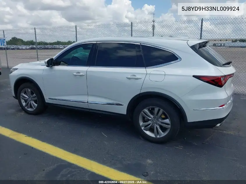 2022 Acura Mdx Standard VIN: 5J8YD9H33NL009924 Lot: 42352694