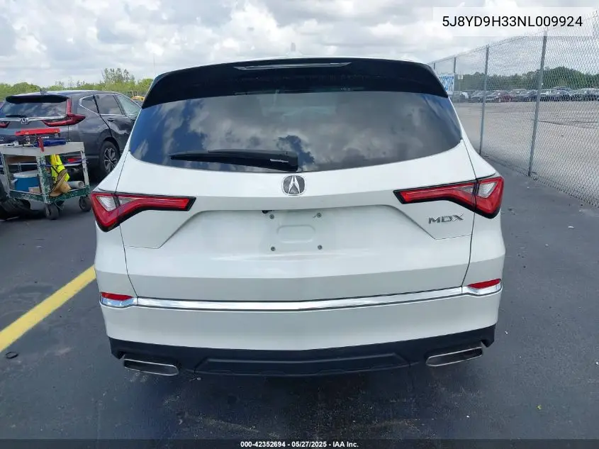 2022 Acura Mdx Standard VIN: 5J8YD9H33NL009924 Lot: 42352694