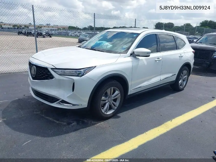 2022 Acura Mdx Standard VIN: 5J8YD9H33NL009924 Lot: 42352694