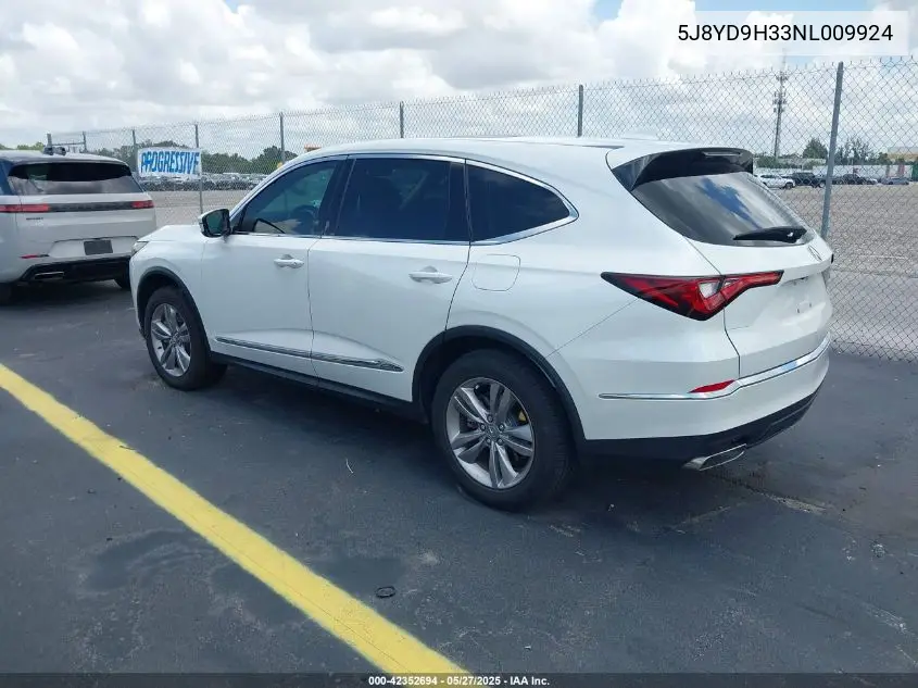 2022 Acura Mdx Standard VIN: 5J8YD9H33NL009924 Lot: 42352694