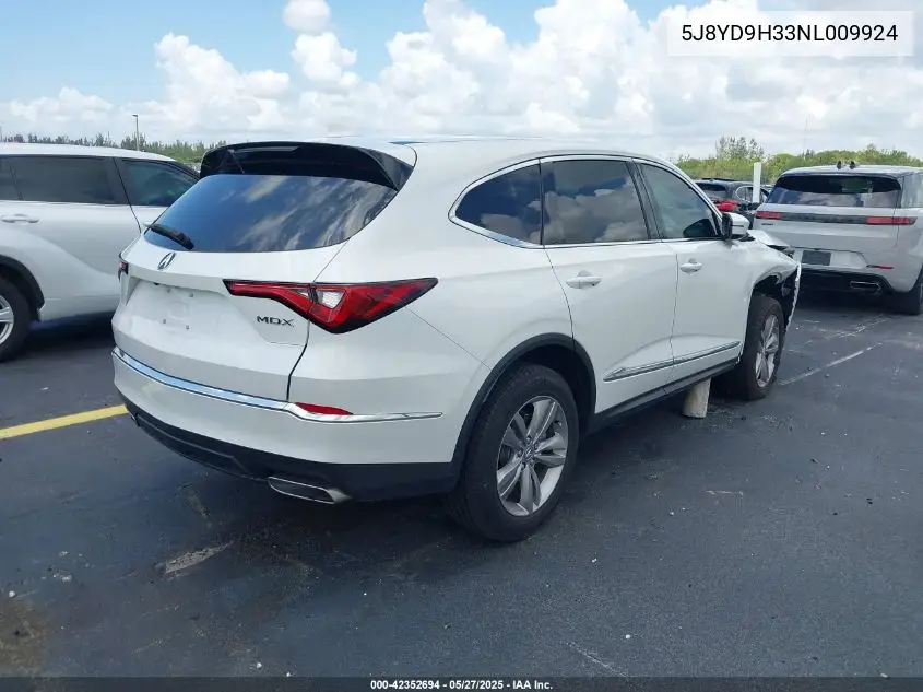 2022 Acura Mdx Standard VIN: 5J8YD9H33NL009924 Lot: 42352694