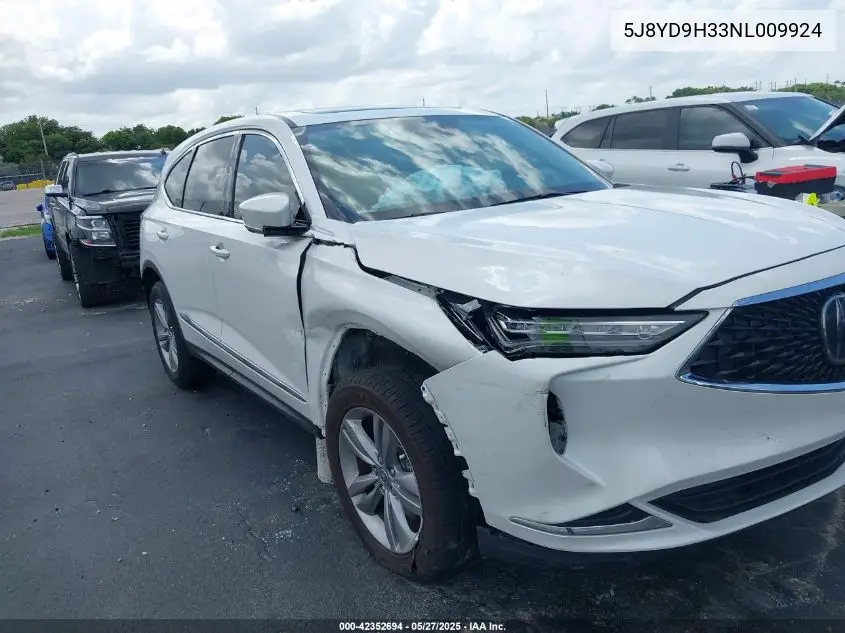 2022 Acura Mdx Standard VIN: 5J8YD9H33NL009924 Lot: 42352694