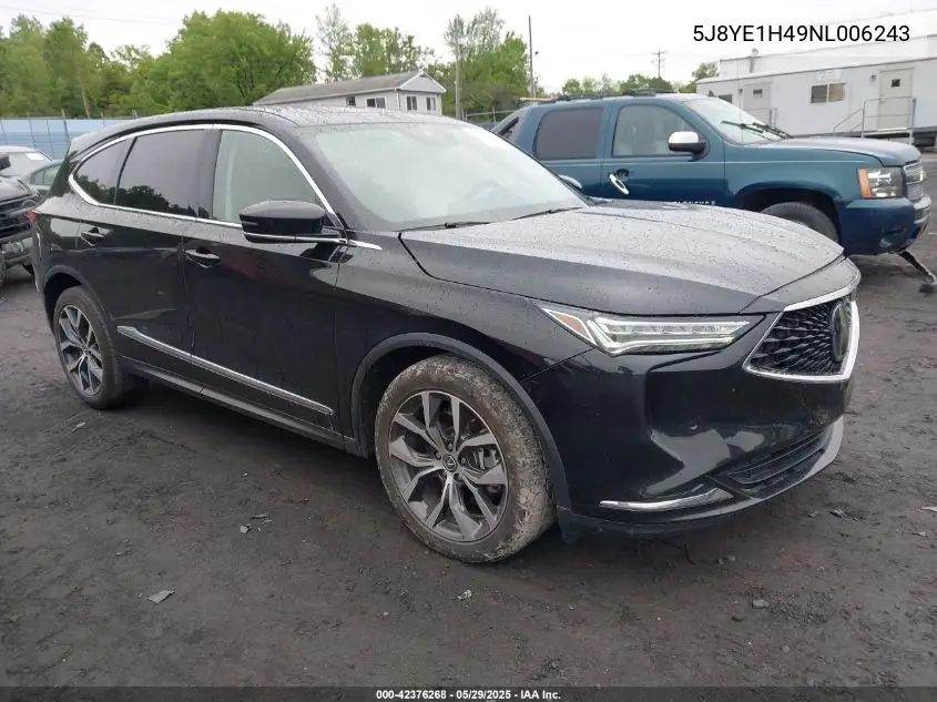 2022 Acura Mdx Technology Package VIN: 5J8YE1H49NL006243 Lot: 42376268