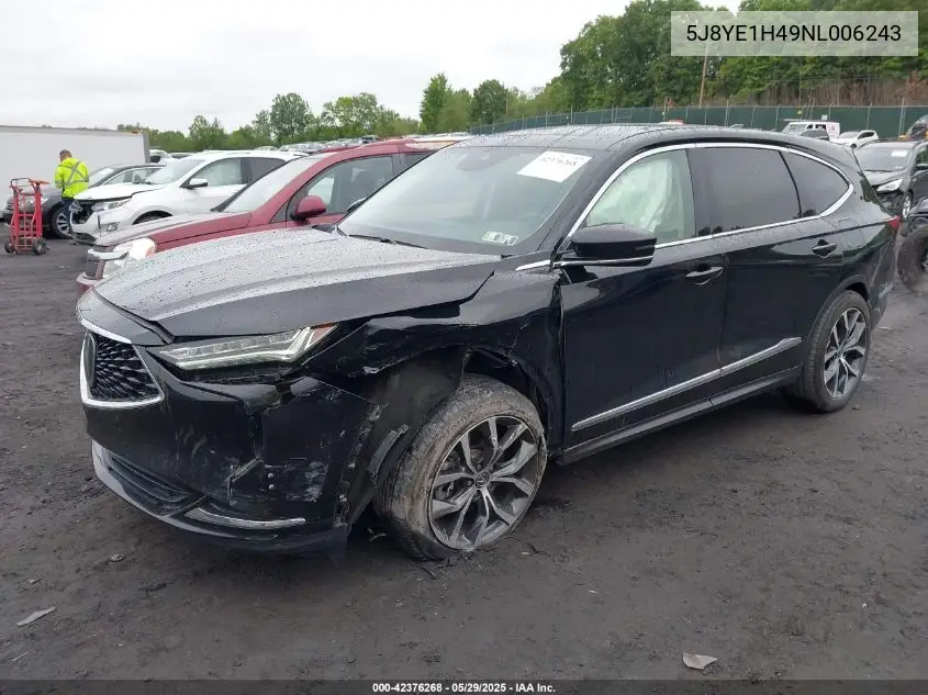 2022 Acura Mdx Technology Package VIN: 5J8YE1H49NL006243 Lot: 42376268