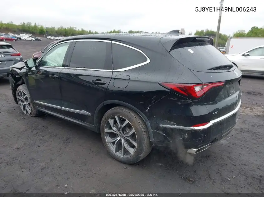 2022 Acura Mdx Technology Package VIN: 5J8YE1H49NL006243 Lot: 42376268