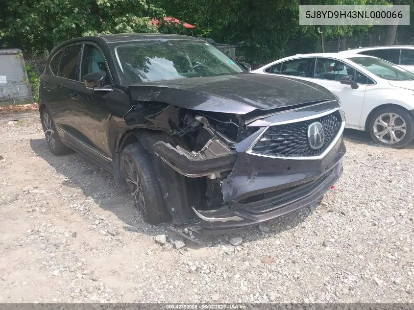 2022 Acura Mdx Technology Package VIN: 5J8YD9H43NL000066 Lot: 42392058