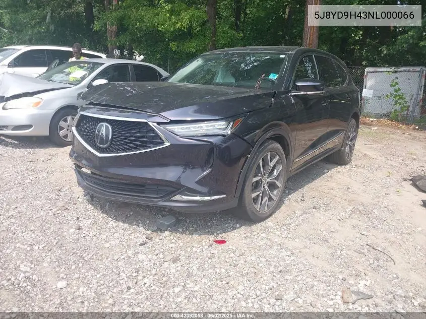 2022 Acura Mdx Technology Package VIN: 5J8YD9H43NL000066 Lot: 42392058