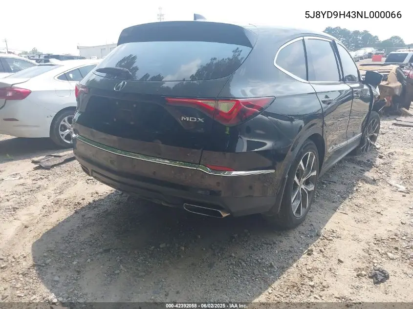 2022 Acura Mdx Technology Package VIN: 5J8YD9H43NL000066 Lot: 42392058