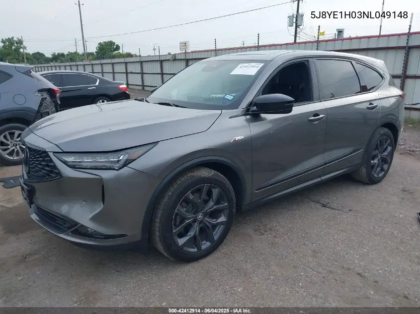2022 Acura Mdx A-Spec Package VIN: 5J8YE1H03NL049148 Lot: 42412914