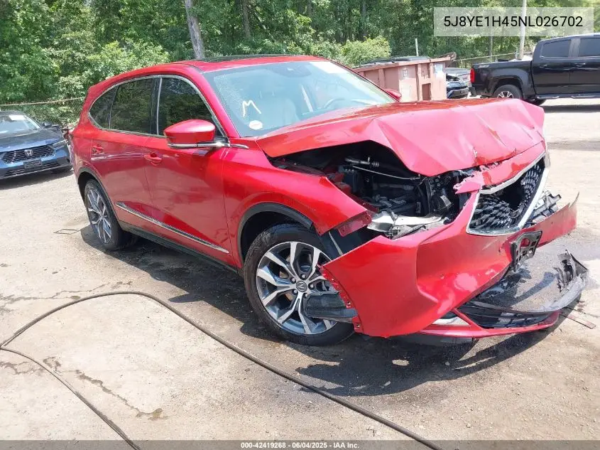 2022 Acura Mdx Technology Package VIN: 5J8YE1H45NL026702 Lot: 42419268