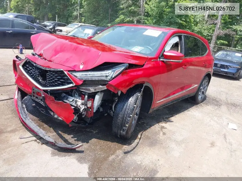2022 Acura Mdx Technology Package VIN: 5J8YE1H45NL026702 Lot: 42419268
