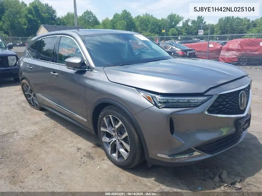 2022 Acura Mdx Technology Package VIN: 5J8YE1H42NL025104 Lot: 42503291