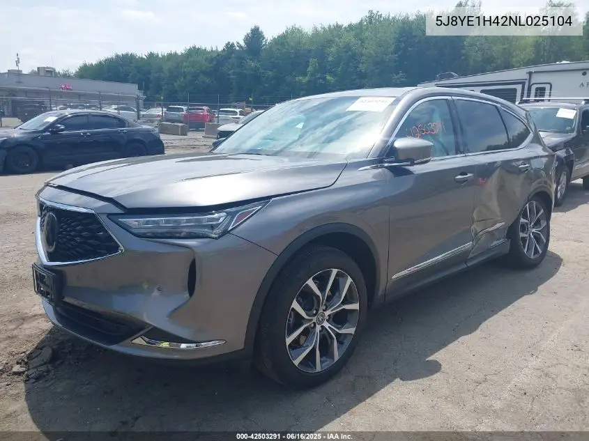 2022 Acura Mdx Technology Package VIN: 5J8YE1H42NL025104 Lot: 42503291