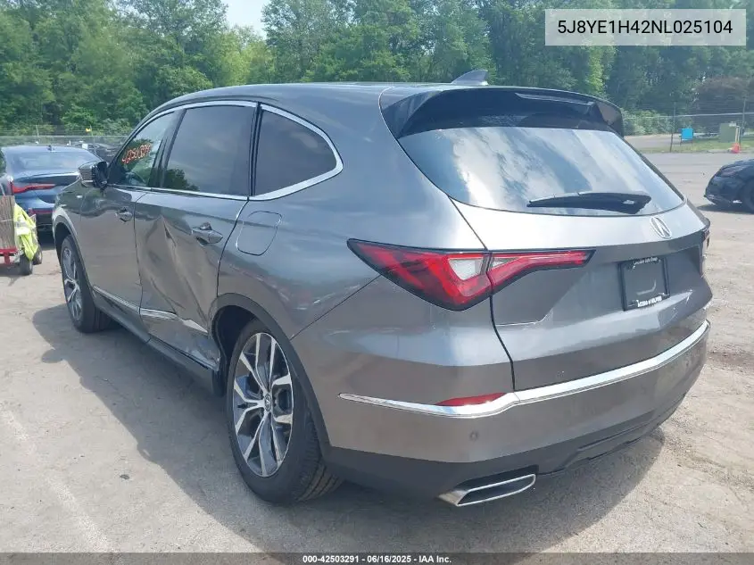 2022 Acura Mdx Technology Package VIN: 5J8YE1H42NL025104 Lot: 42503291