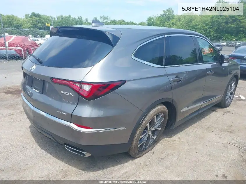2022 Acura Mdx Technology Package VIN: 5J8YE1H42NL025104 Lot: 42503291