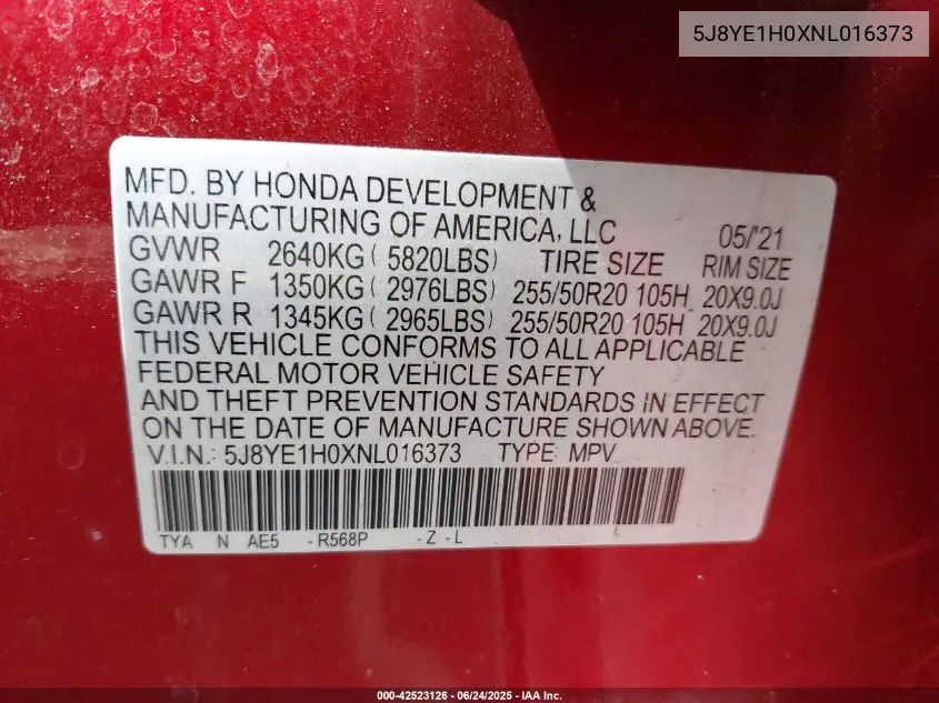 2022 Acura Mdx A-Spec Package VIN: 5J8YE1H0XNL016373 Lot: 42523126
