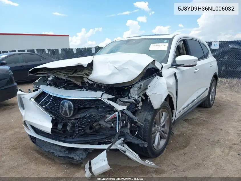 2022 Acura Mdx Standard VIN: 5J8YD9H36NL006032 Lot: 42595276