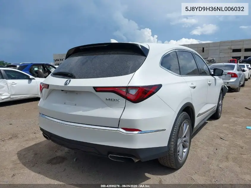 2022 Acura Mdx Standard VIN: 5J8YD9H36NL006032 Lot: 42595276