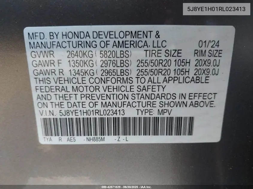 2024 Acura Mdx A-Spec VIN: 5J8YE1H01RL023413 Lot: 42571829