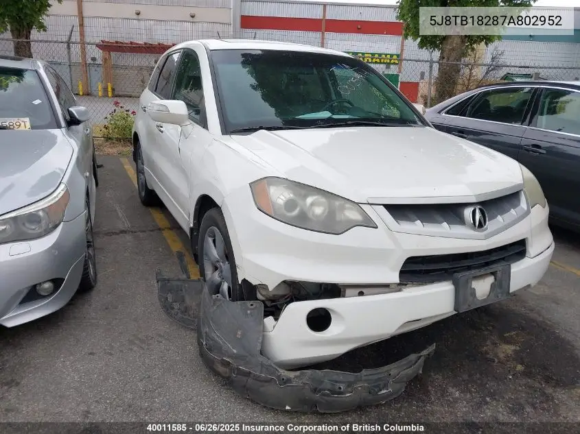 2007 Acura Rdx VIN: 5J8TB18287A802952 Lot: 40011585